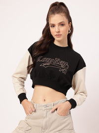 DressBerry Typo Print Contrast Sleeves Crop Sweatshirt