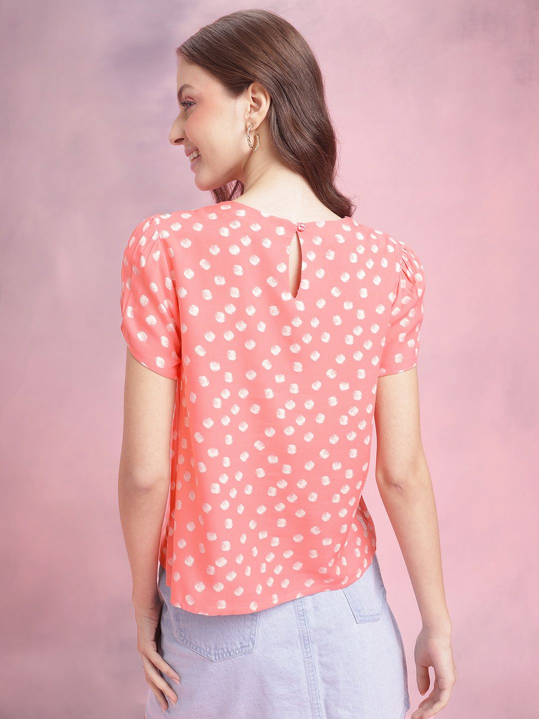 DressBerry Polka Dot Print Gather Detail Puff Sleeve A-Line Top