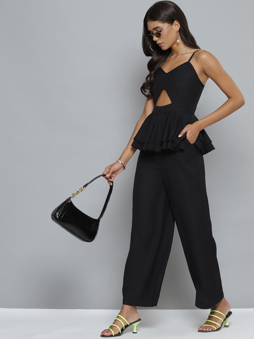 SASSAFRAS Black Peplum Layered Jumpsuit With Cut-out Detail