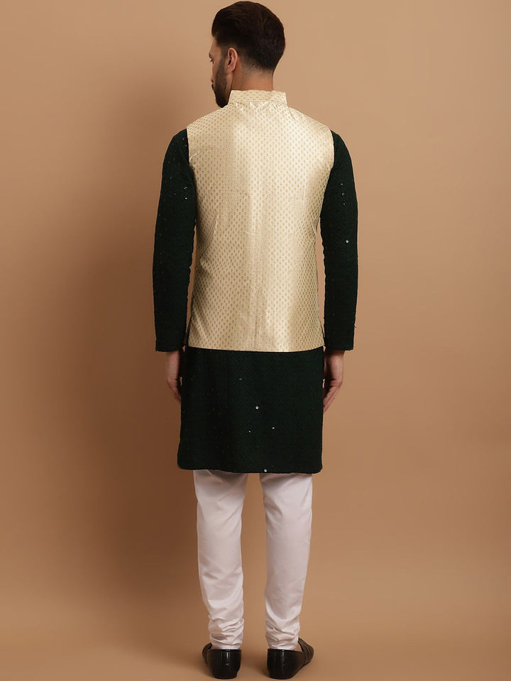 SOJANYA Etnik Sulam Labuci Kapas Tulen Kurta & Churidar Dengan Jaket Nehru