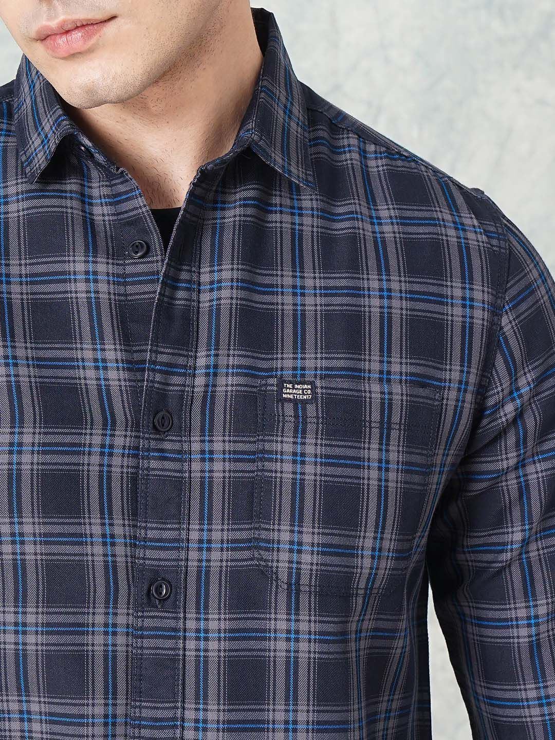 The Indian Garage Co Men Navy Blue Slim Fit Tartan Checks Casual Shirt