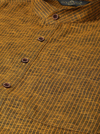 SOJANYA Men Mustard Yellow & Charcoal Grey Striped Straight Kurta