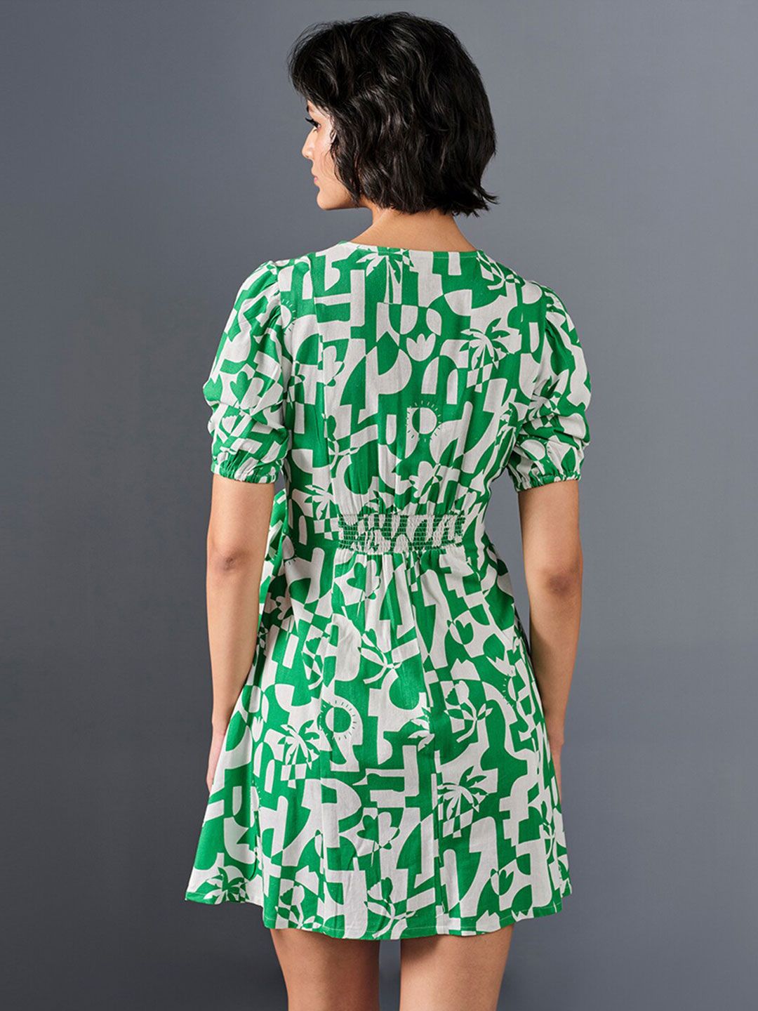 AND Tropical Print Puff Sleeves Dress