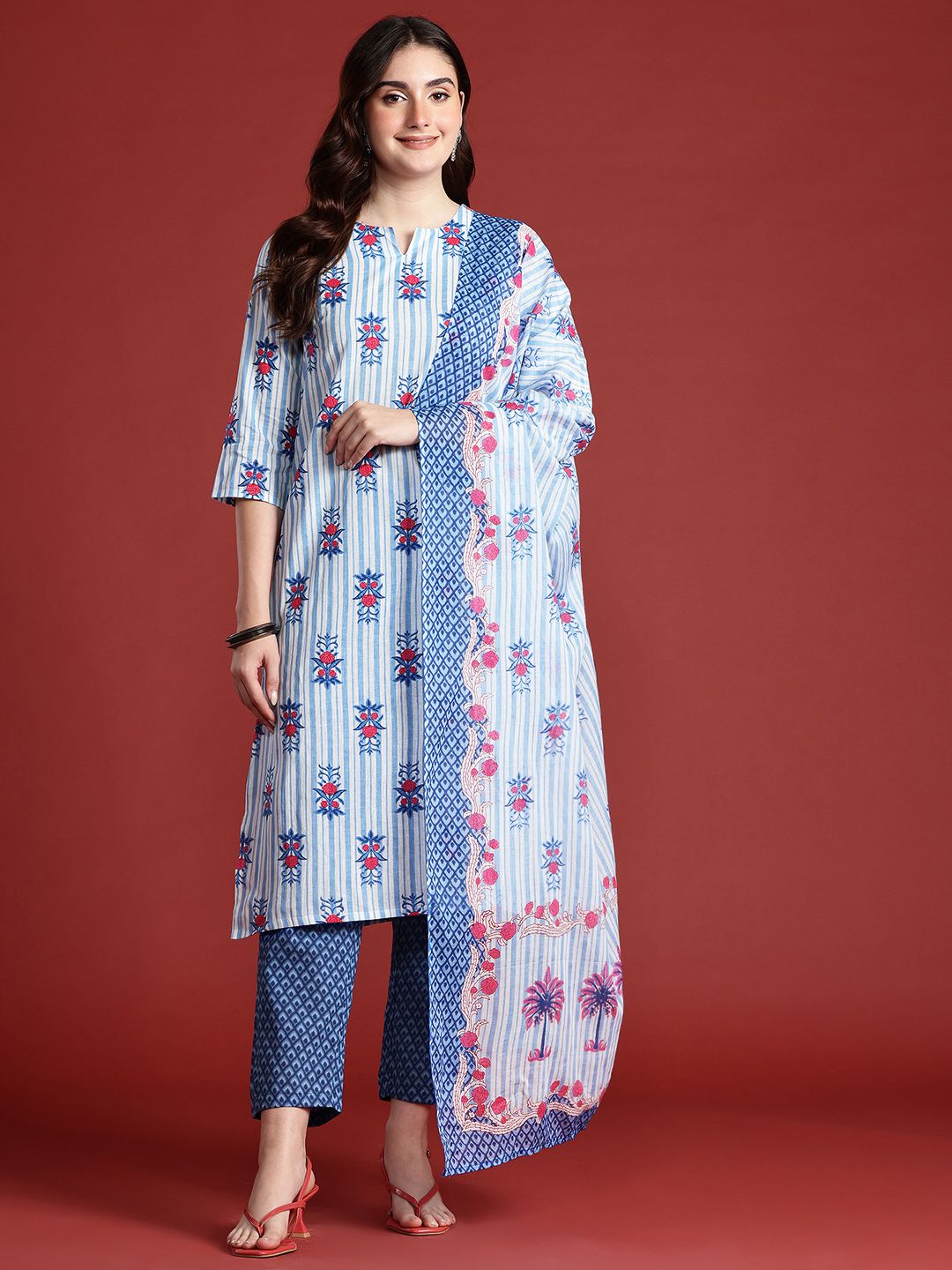 Anouk Floral Printed Pure Cotton Kurta With Trousers & Dupatta