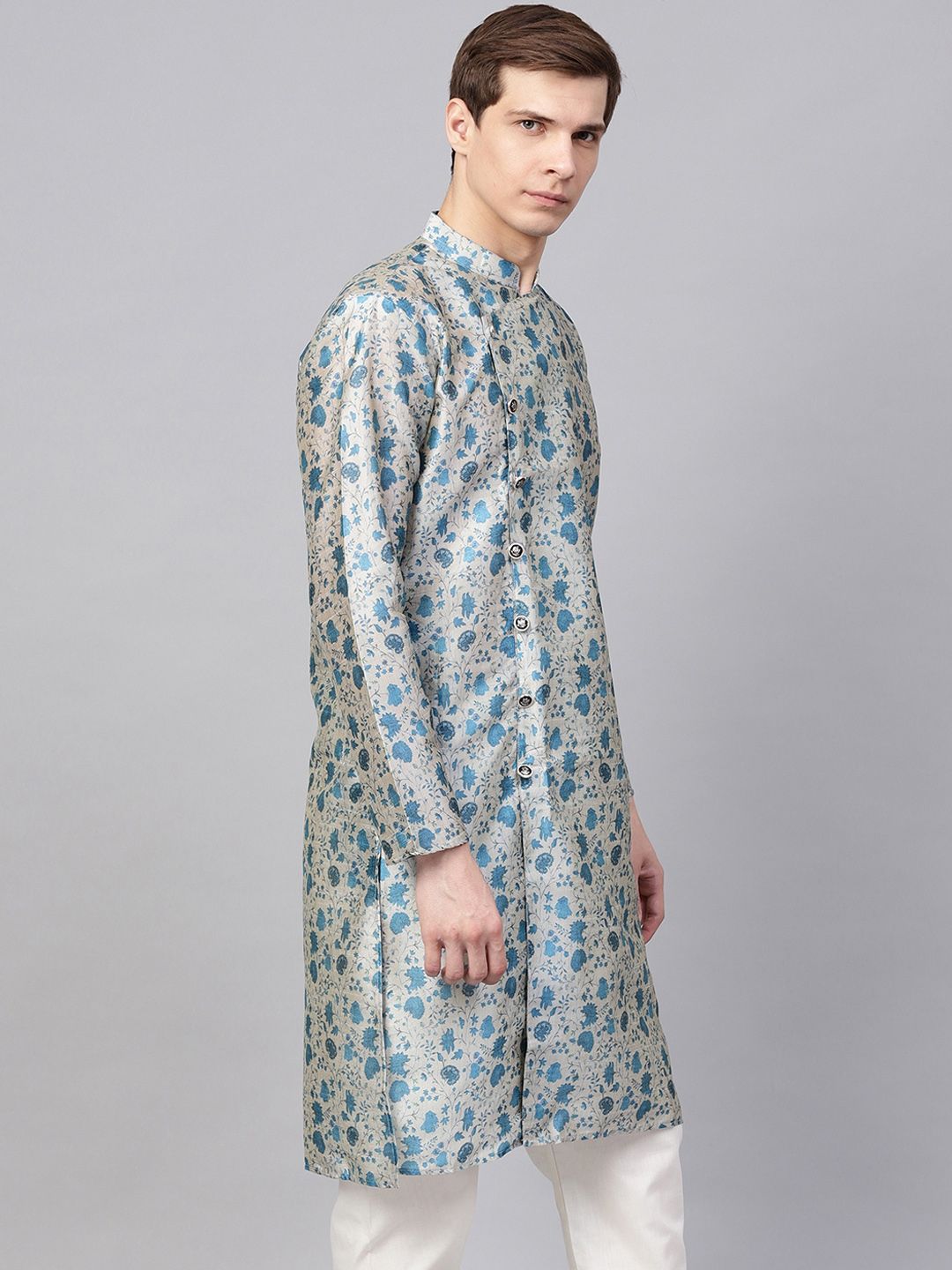 SOJANYA Men Cream-Coloured & Blue Printed Straight Kurta