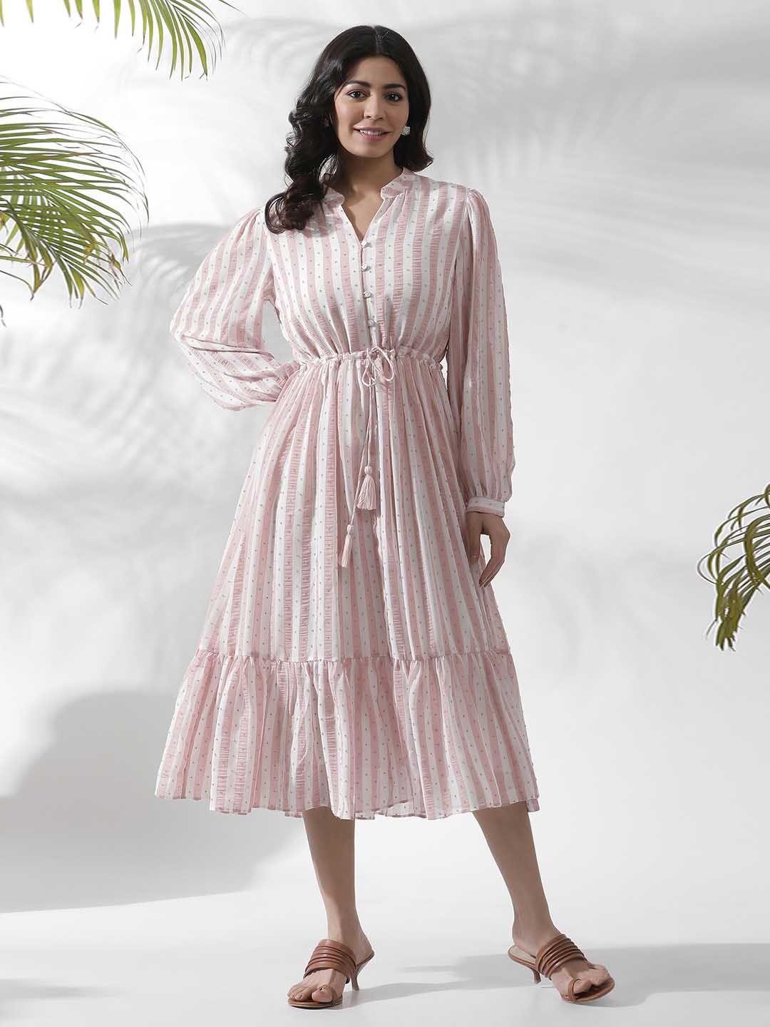 W Striped Notched Neck Puff Sleeves A-Line Opaque Midi Casual Dress