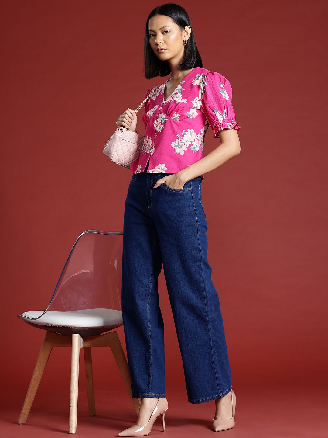 all about you Floral Printed Top with Puff Sleeves
