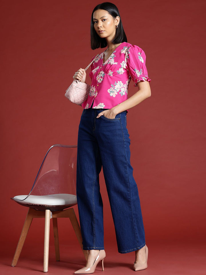 all about you Floral Printed Top with Puff Sleeves