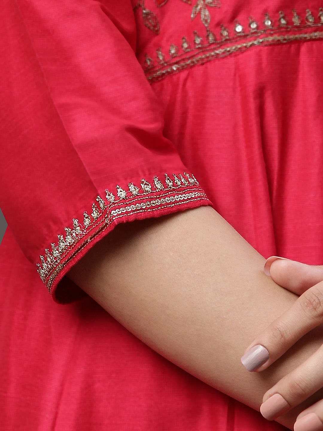 AURELIA Women Pink Floral Embroidered Empire Sequinned Kurta with Trousers & With Dupatta