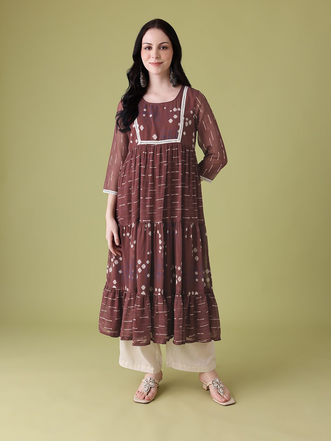 Anouk Ethnic Motifs Print Lace Insert Tiered A-Line Kurta