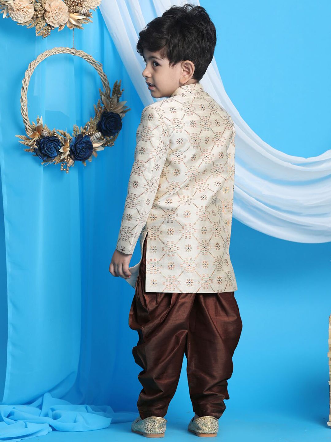 VASTRAMAY Infant Beige & Coffee Brown Woven-Design Sherwani Set