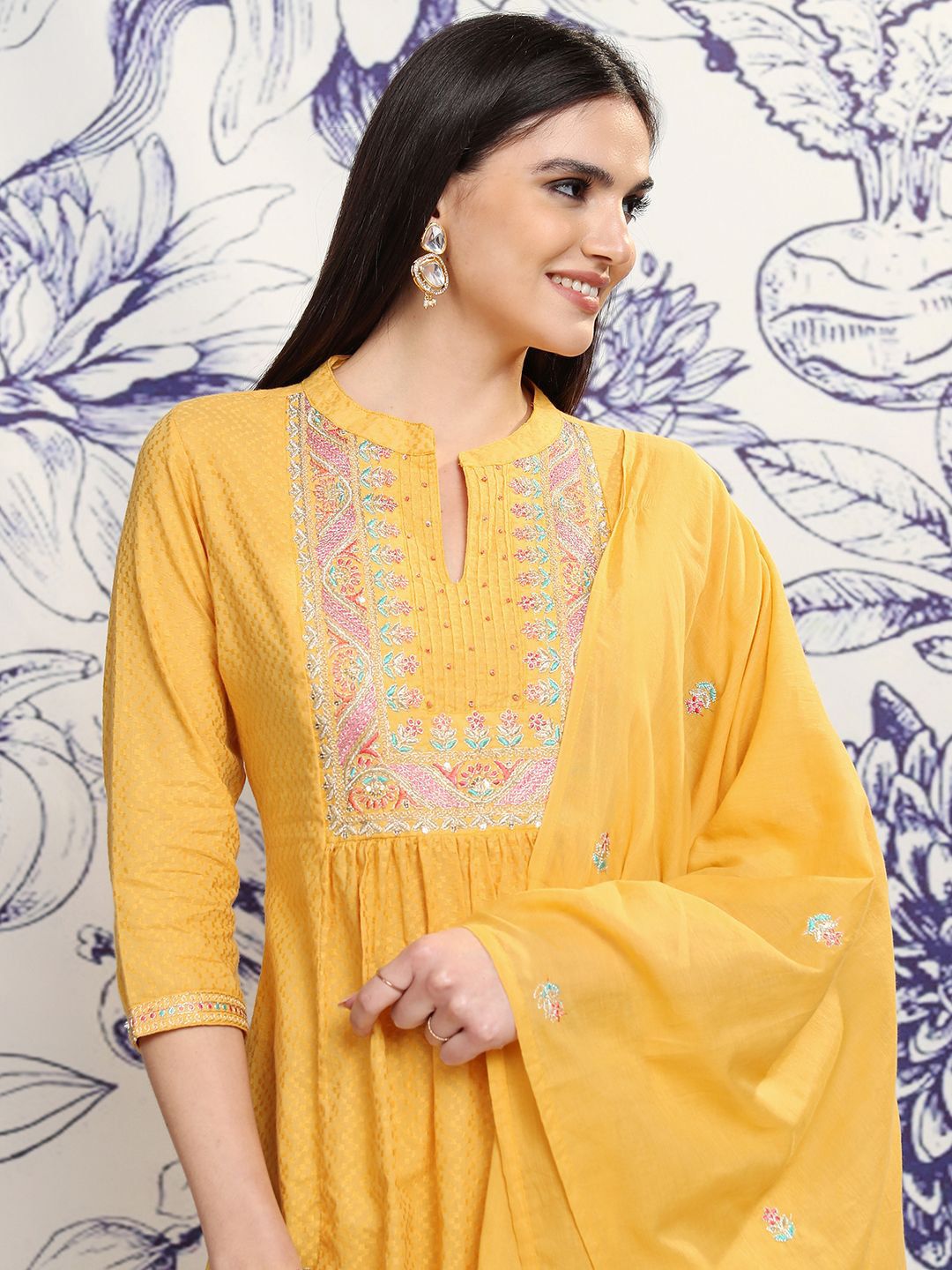 Vishudh Mustard Yellow Embroidered Regular Sequinned Pure Cotton Anarkali Kurta Set