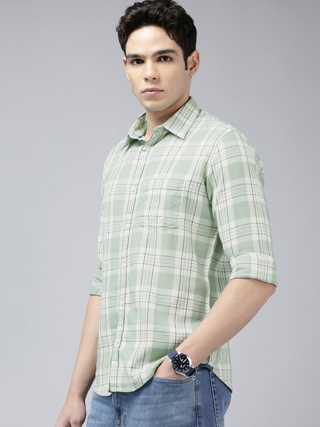 SPYKAR Pure Cotton Slim Fit Tartan Checks Opaque Casual Shirt