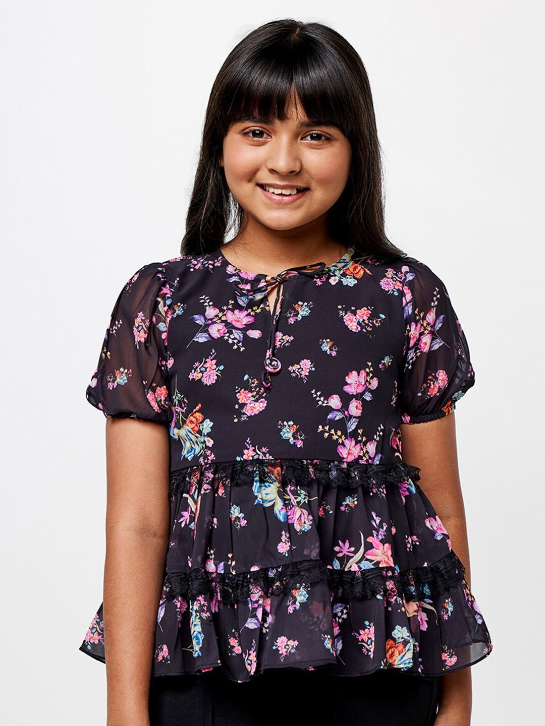 AND Girls Floral Printed Puff Sleeve Tiered Top