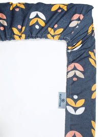 KLOTTHE Dazzle Blue Leaf Cotton 300 TC Fitted Single Bedsheet with a Pillow Cover-89 x 59 inches
