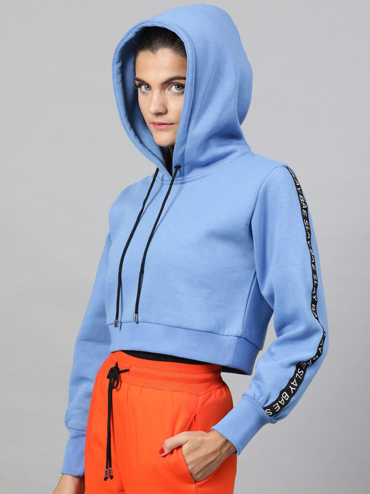 STREET 9 Women Blue Solid Hooded Sweatshirt