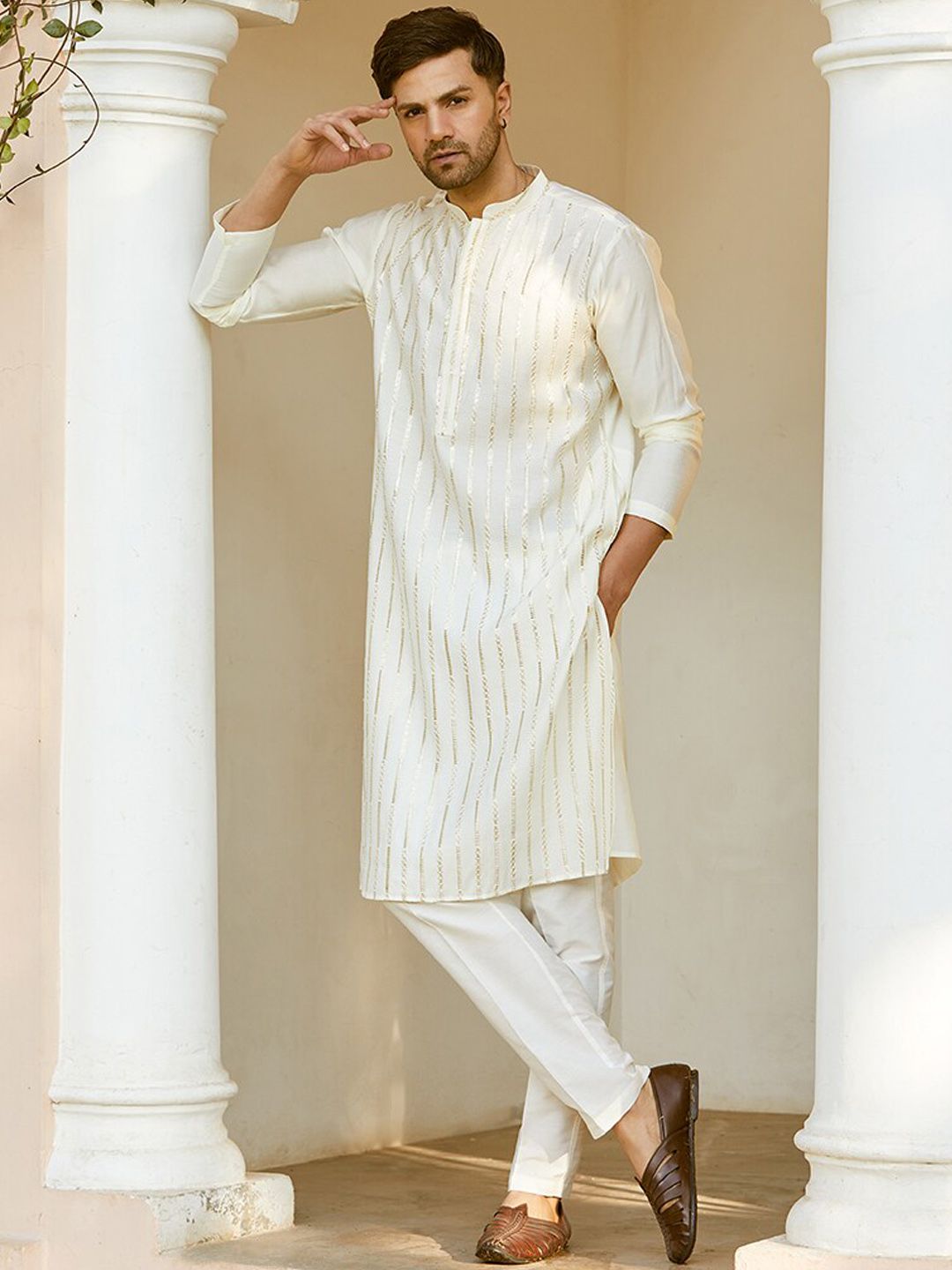 See Designs Embroidered Regular Sequinned Chanderi Silk Kurta with Pyjamas