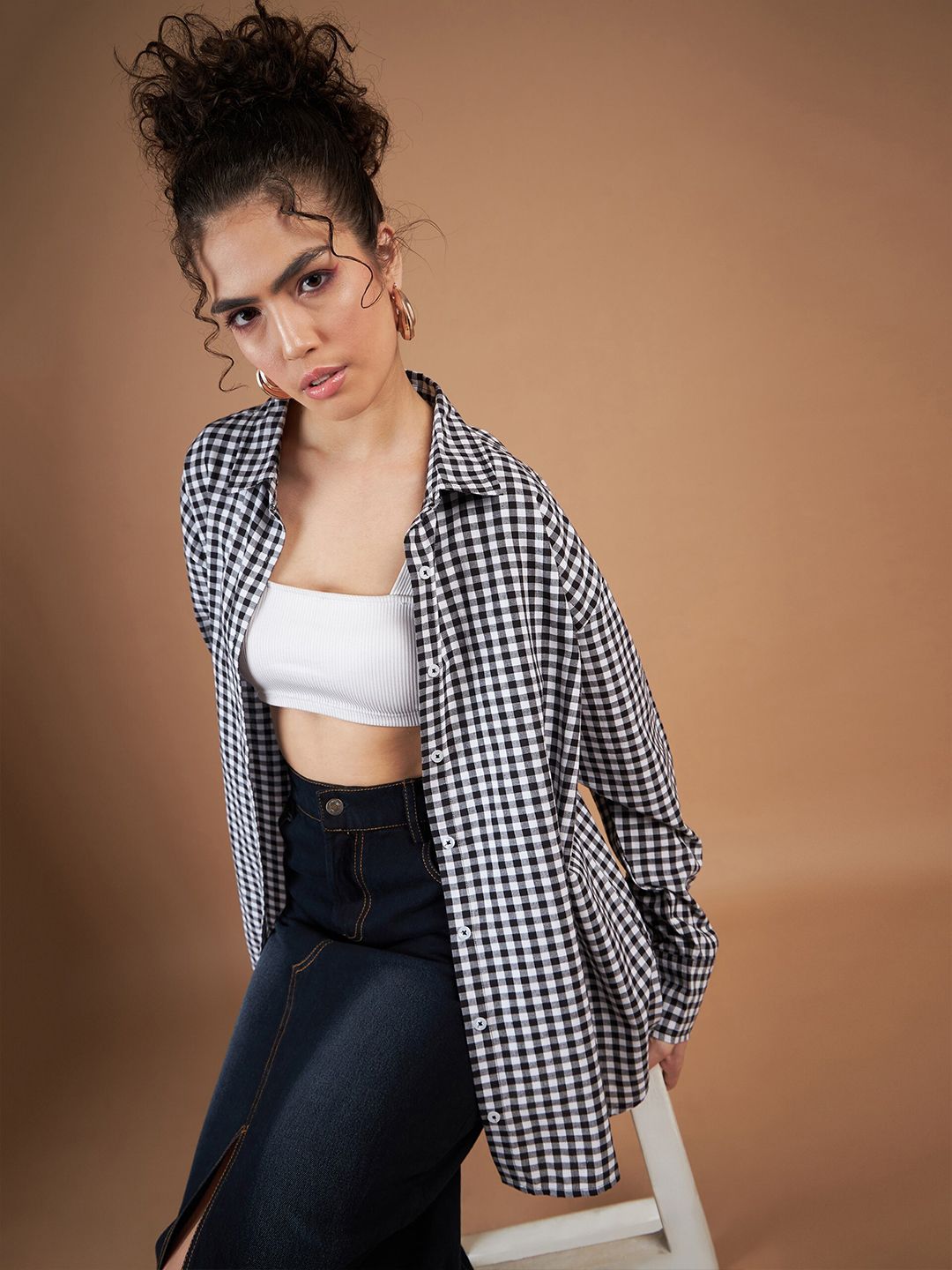 SASSAFRAS Spread Collar Checked Oversized Casual Pure Cotton Shirt