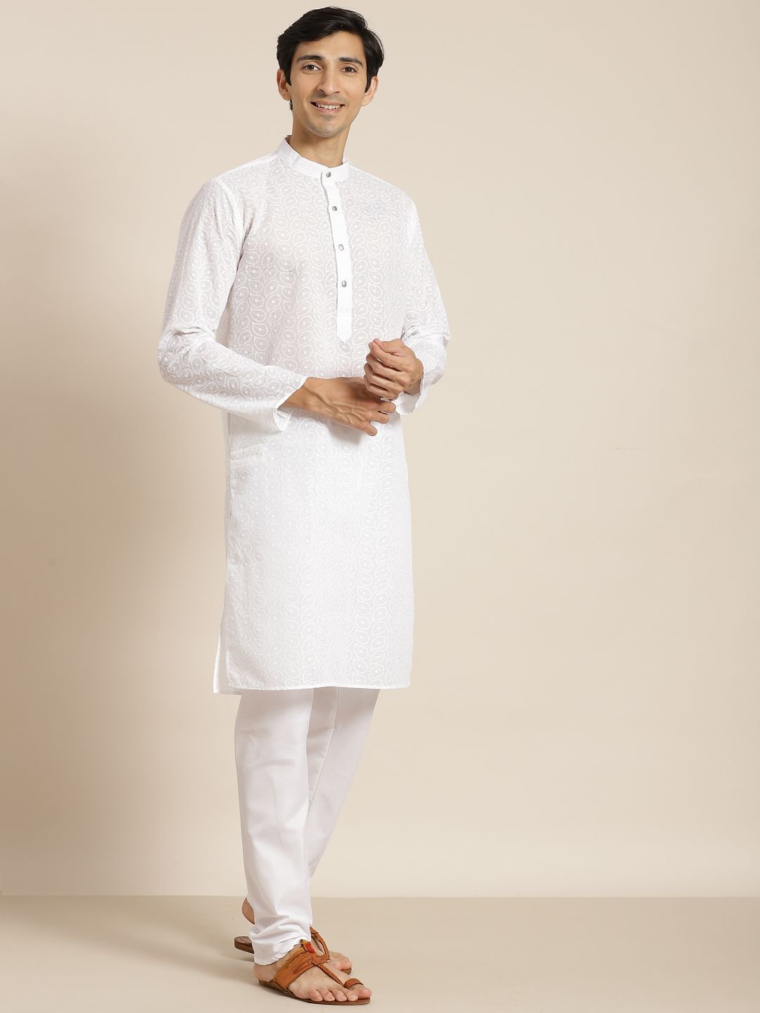 SOJANYA Men White Chikankari Pure Cotton Kurta with Churidar & Nehru Jacket