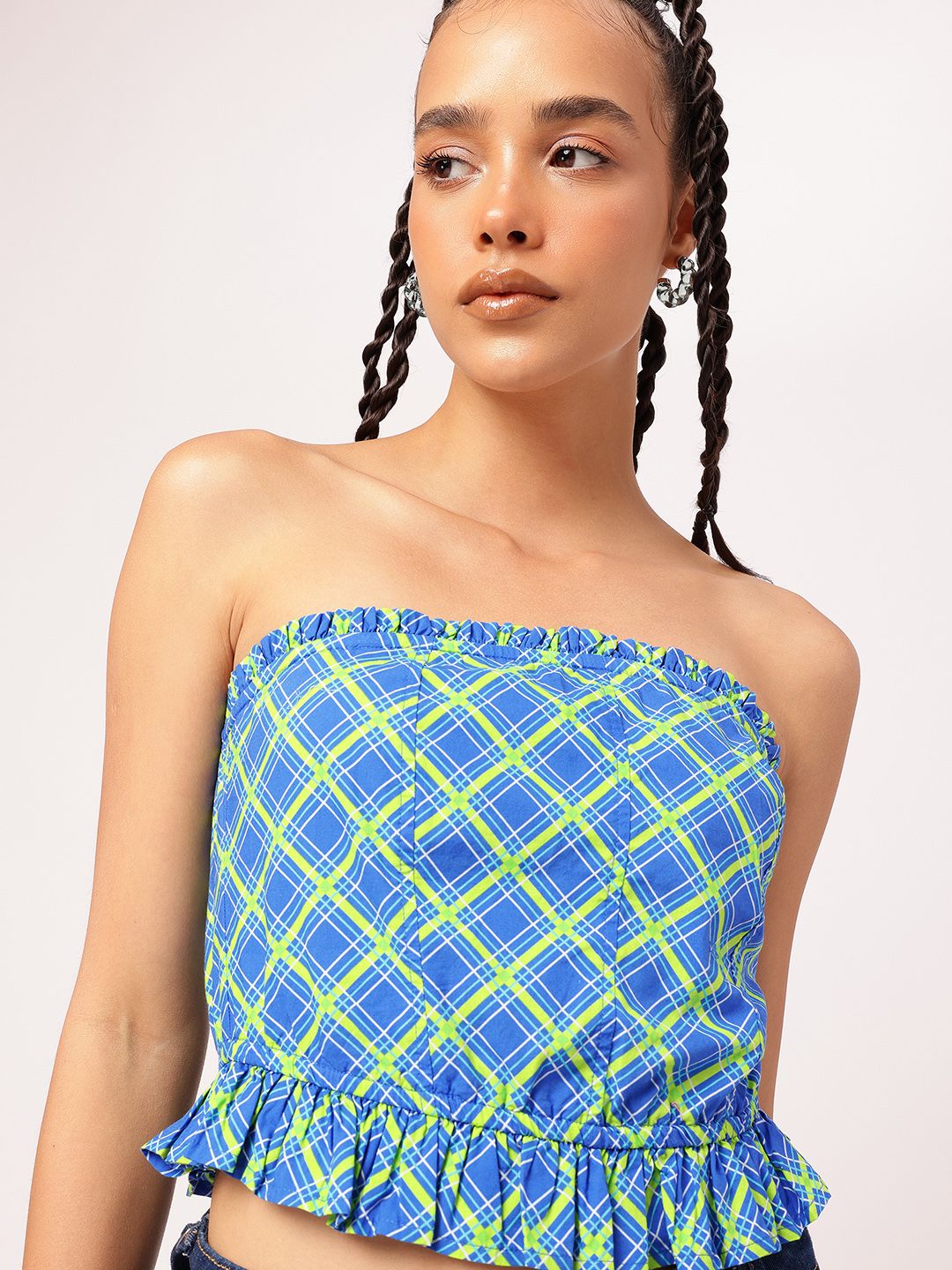DressBerry Grid It Out Ruffled Cotton Crop Bardot Top