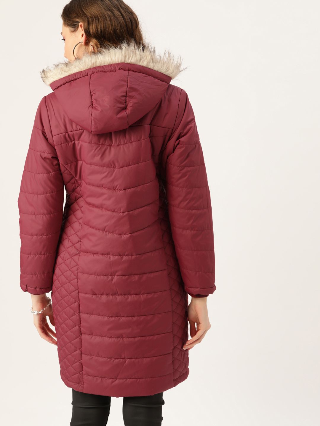Dressberry Women Maroon Solid Hooded Longline Parka Jacket
