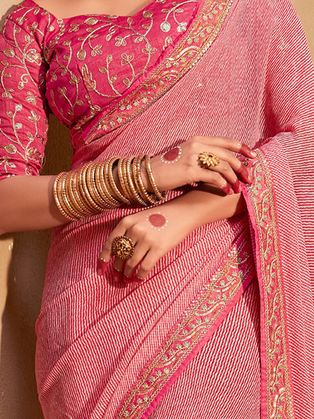 KALINI Striped Embroidered Pure Georgette Leheriya Saree