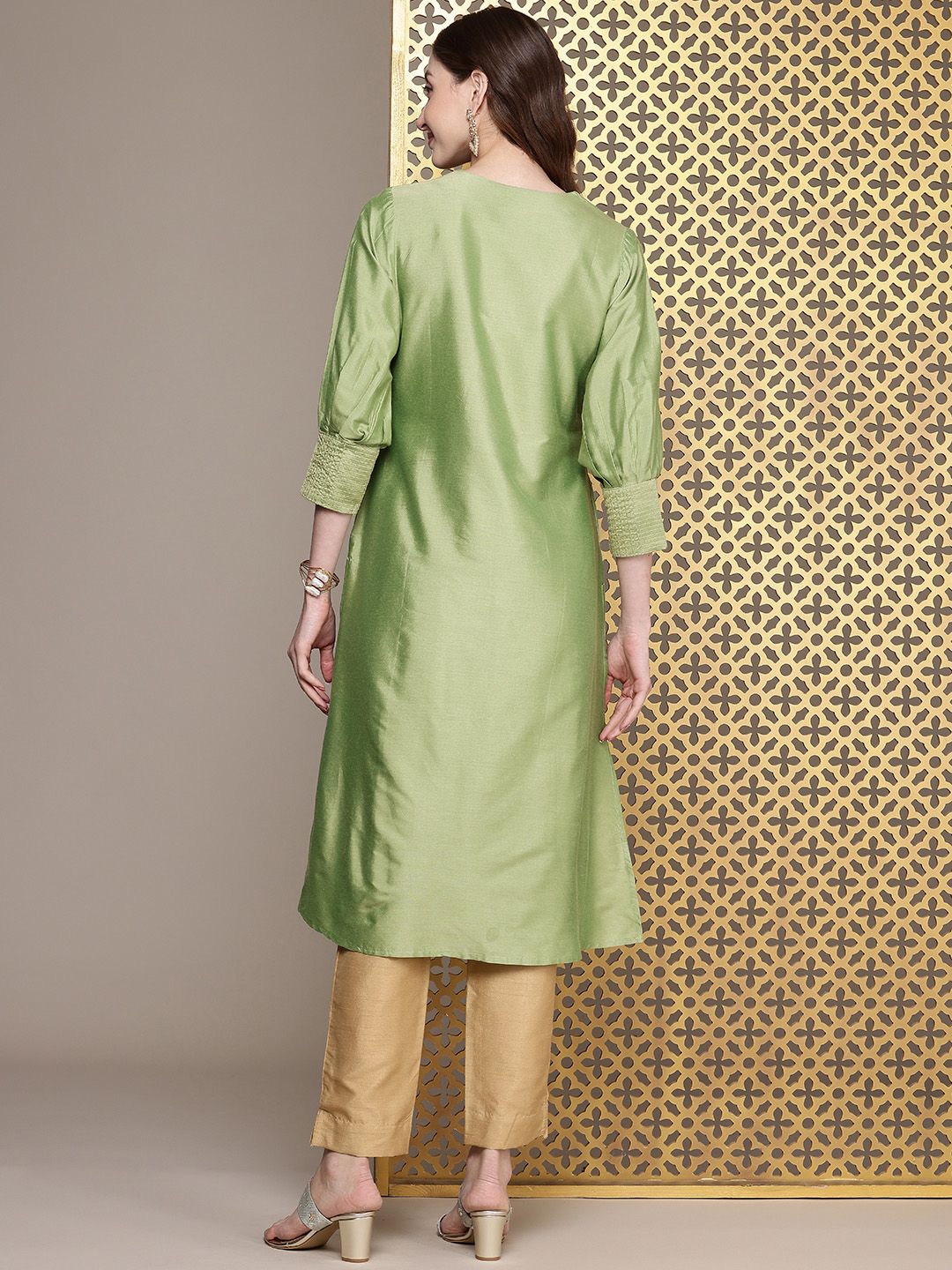 House of Pataudi V-Neck Zari Sequinned Pleated Rozana Kurta