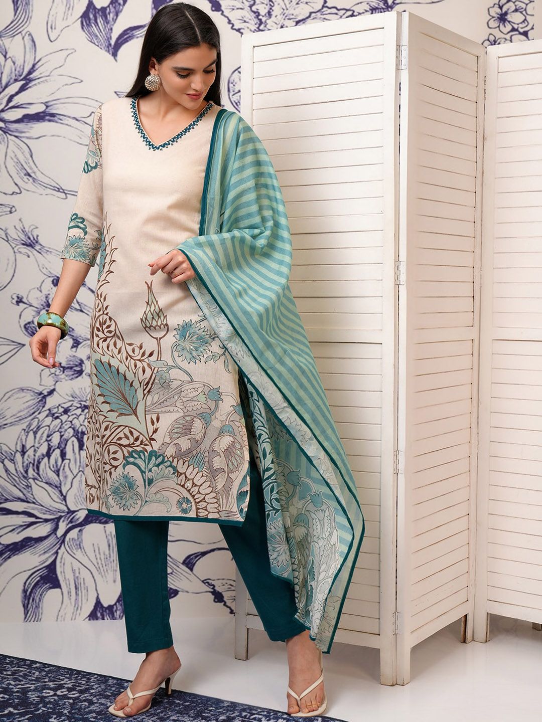 Vishudh Floral Printed Regular Sequinned Pure Cotton Kurta with Trouser & Dupatta