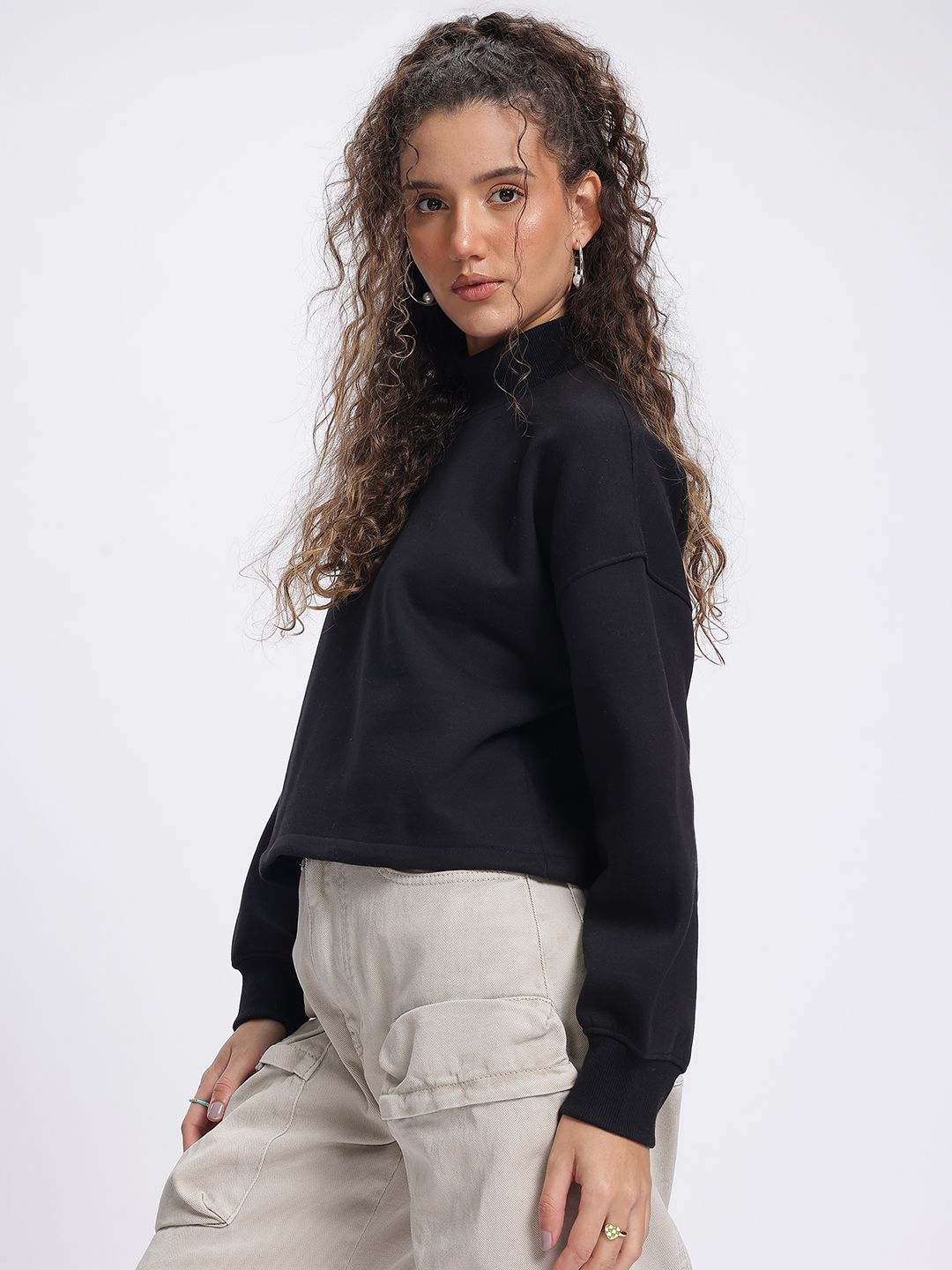 DressBerry Urban Edge High Neck Drop-Shoulder Crop Sweatshirt