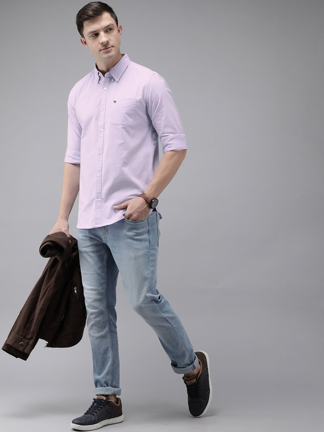THE BEAR HOUSE Men Lavender Pure Cotton Solid Slim Fit Casual Shirt