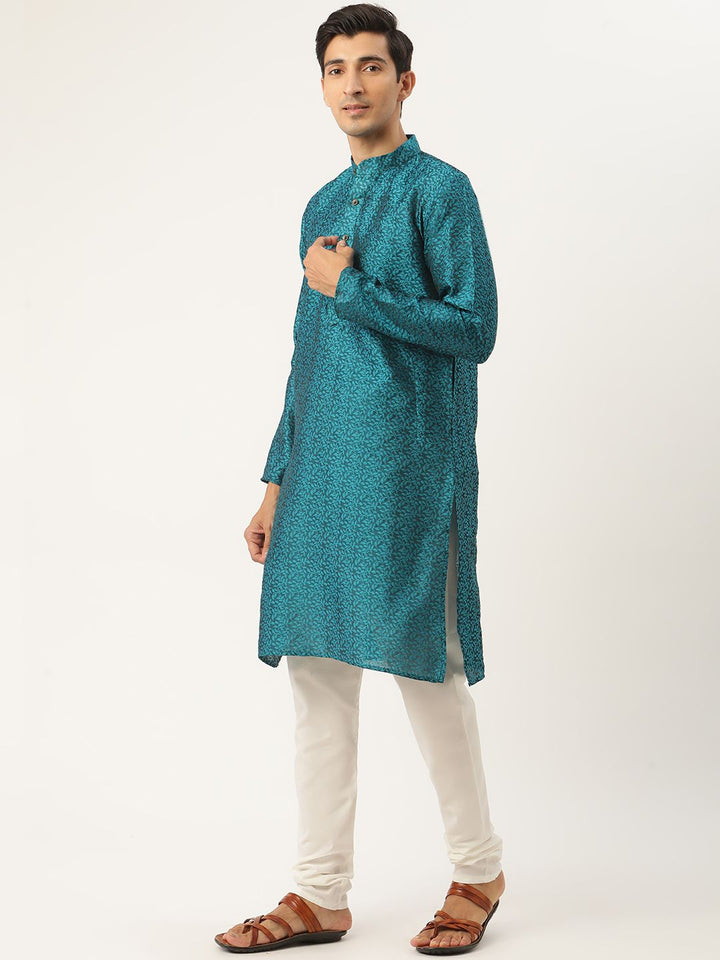 SOJANYA Men Teal Blue & Green Woven Design Kurta with Churidar & Nehru Jacket