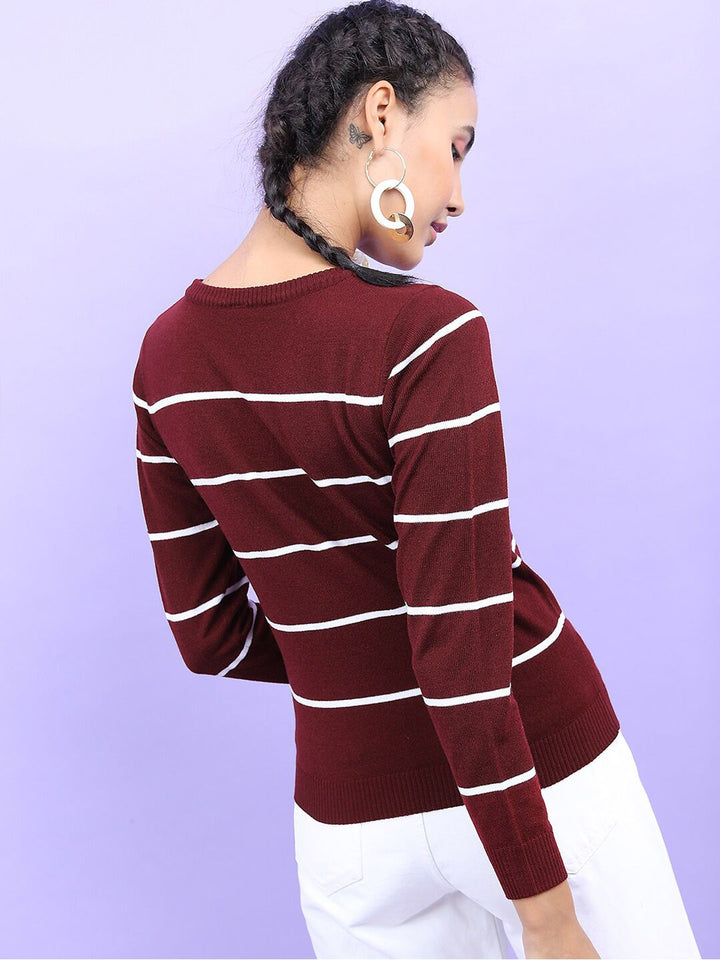 Tokyo Talkies Women Maroon & White Striped Pullover Sweaters