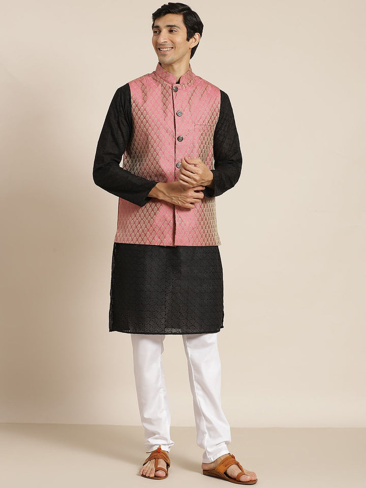 SOJANYA Lelaki Black Chikankari Pure Cotton Kurta with Churidar & Nehru Jacket