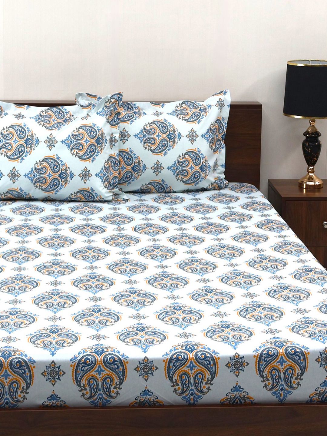 BOMBAY DYEING Cardinal Blue Floral Printed Cotton 120 TC Queen Bedsheet Set 2.54 x 2.24m