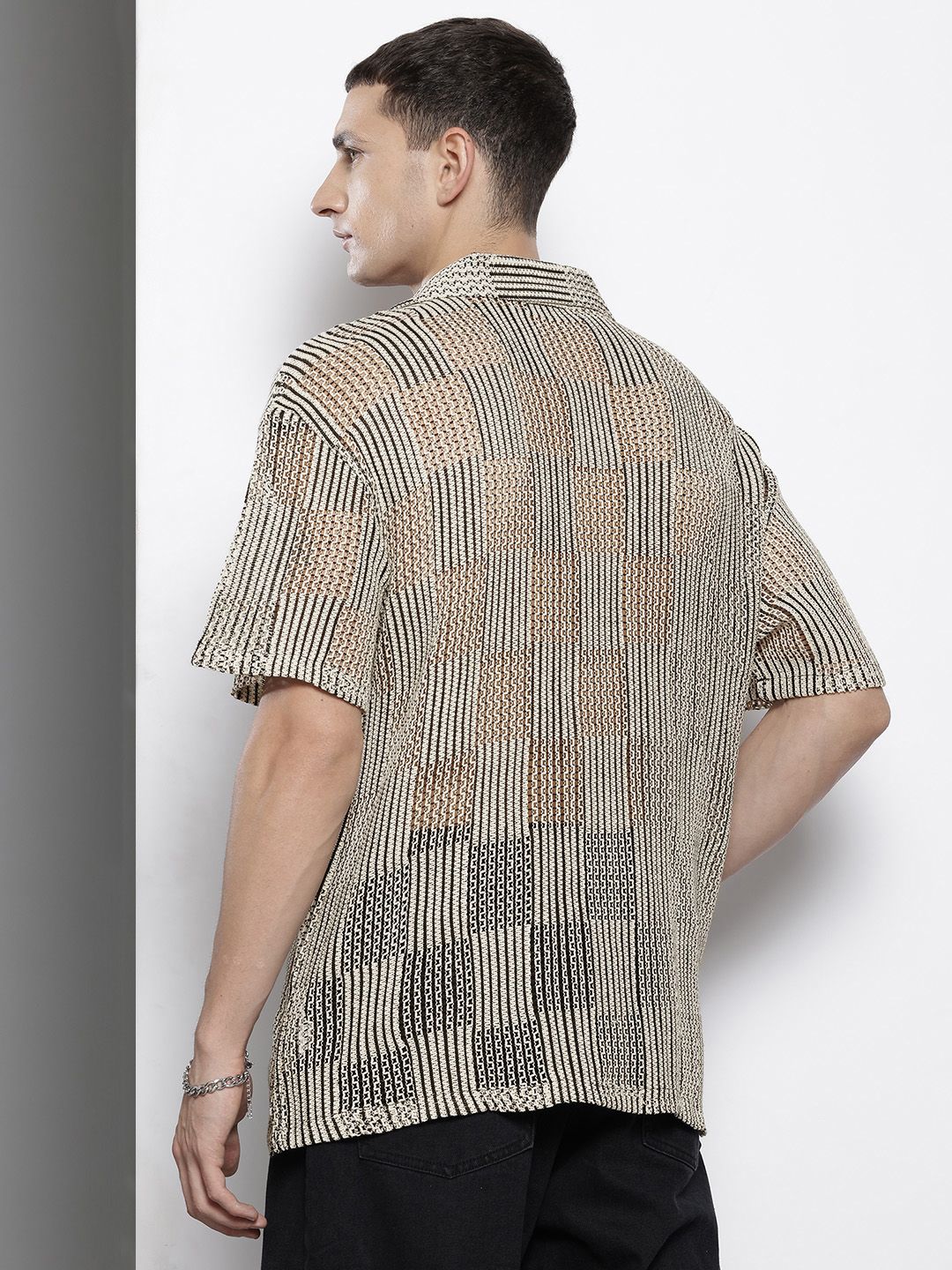 The Indian Garage Co Men Textured Open Weave Knitted Relaxed Fit Shirt