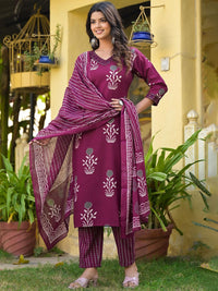 KALINI Floral Printed Regular Thread Work Straight Kurta With Trousers & Dupatta