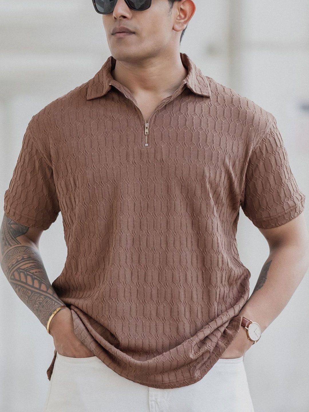 Powerlook Men Self Design Polo Collar Cotton T-shirt