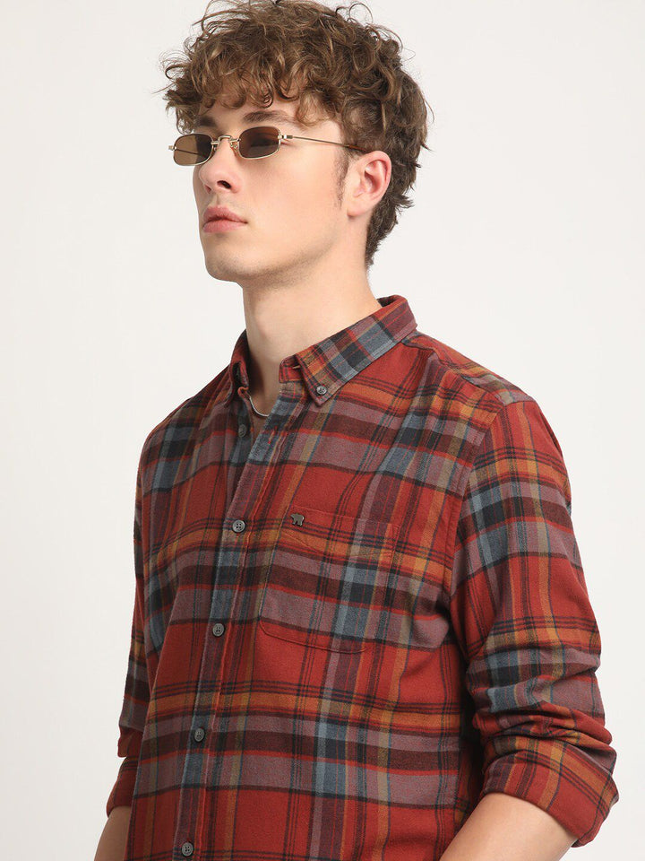 THE BEAR HOUSE Slim Fit Tartan Checked Flannel Pure Cotton Casual Shirt