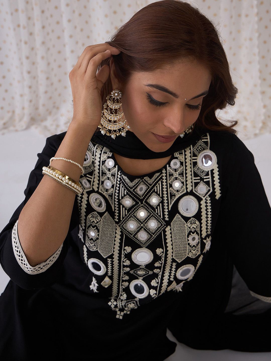 Indo Era Ethnic Embroidered Round Neck Straight Kurta with Trousers & Dupatta