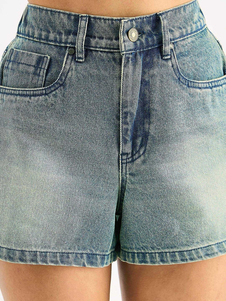 SASSAFRAS BASICS Women vWashed Mid-Rise Pure Cotton Denim Shorts