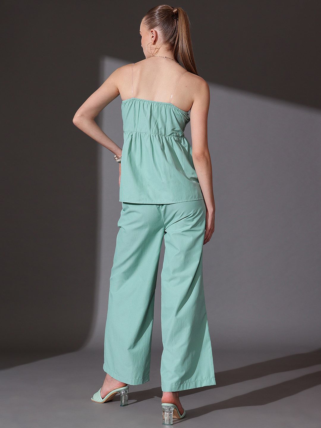 STREET 9 Solid Off Shoulder Top With Flared Trousers Co-Ords