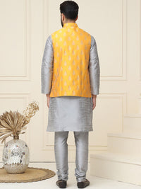 SOJANYA Men Grey & Mustard Yellow Kurta with Pyjamas & Woven Design Nehru Jacket