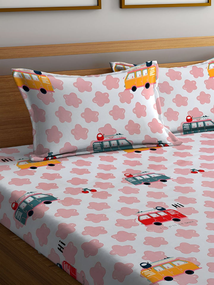 KLOTTHE Pink Graphic Polycotton 300 TC Fitted King Bedsheet with 2 Pillow Covers-98 x 89 inches