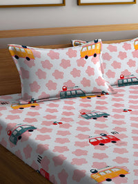 KLOTTHE Pink Graphic Polycotton 300 TC Fitted King Bedsheet with 2 Pillow Covers-98 x 89 inches