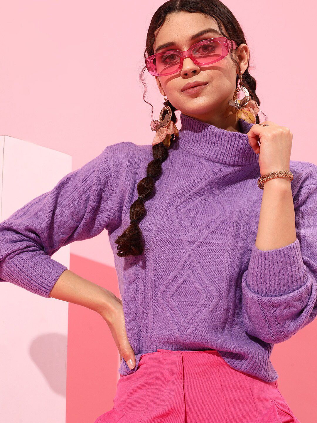 STREET 9 Women Purple Cable Knit Acrylic Pullover