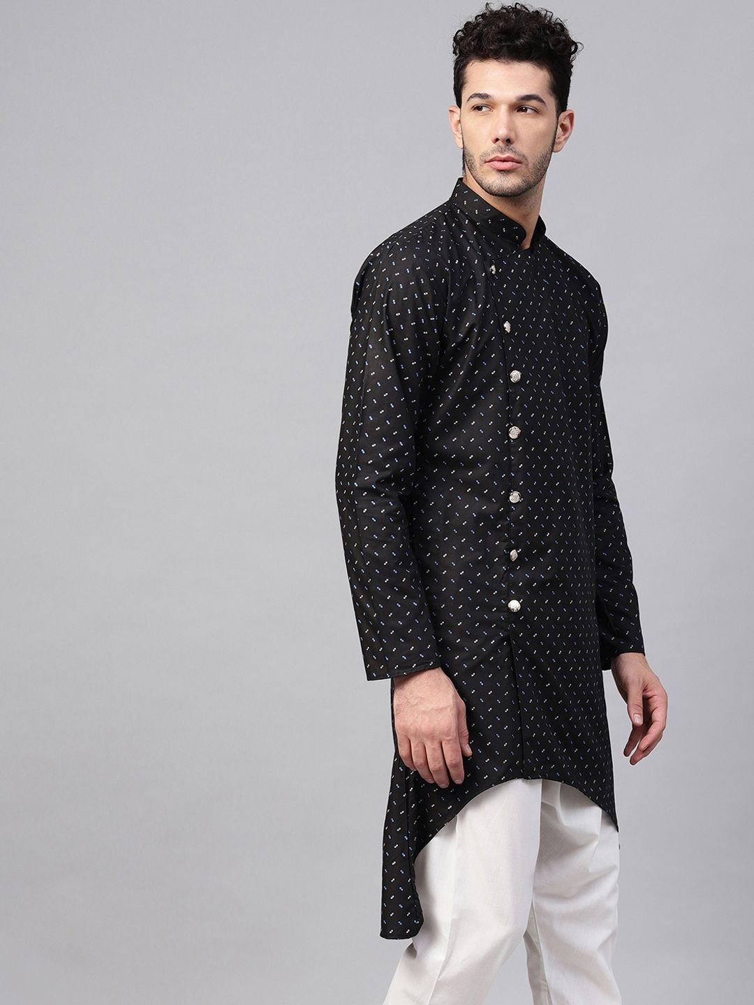 SOJANYA Men Black Printed Asymmetric Straight Kurta