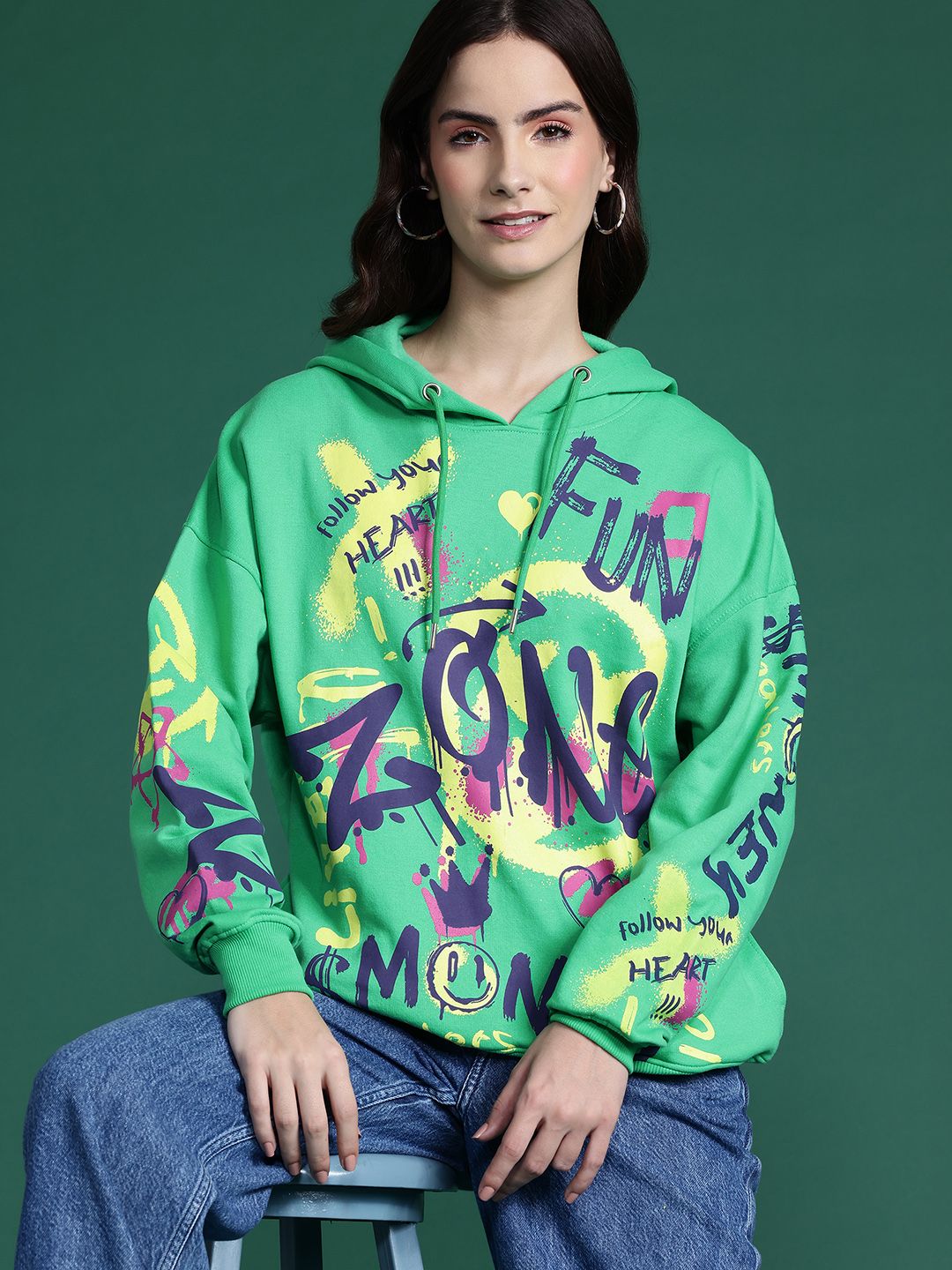 DressBerry Printed Hooded Longline Sweatshirt