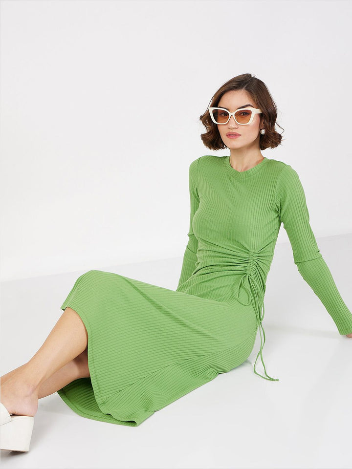 SASSAFRAS Ruched Tie Up Bodycon Midi Dress