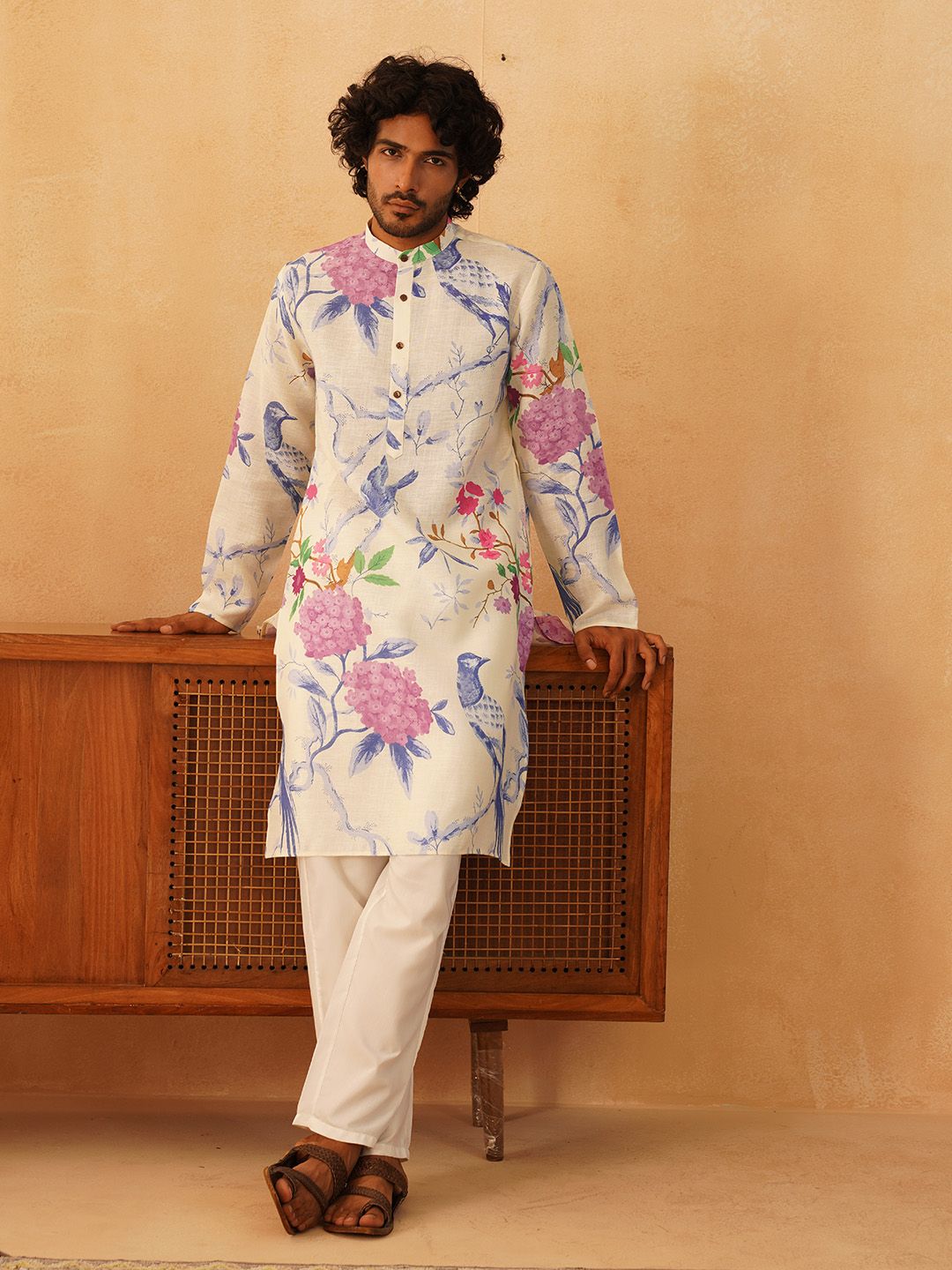 Jompers Floral Printed Pure Cotton Mandarin Collar Kurta With Trousers