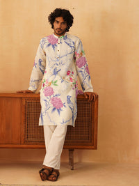Jompers Floral Printed Pure Cotton Mandarin Collar Kurta With Trousers